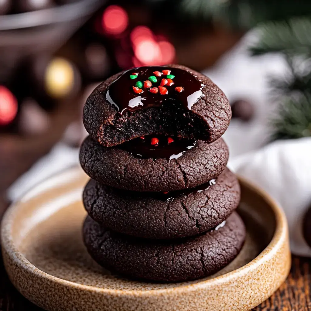 Four chocolatey cookies stacked, shiny ganache on top, rainbow sprinkles sprinkled, all on a fancy plate.