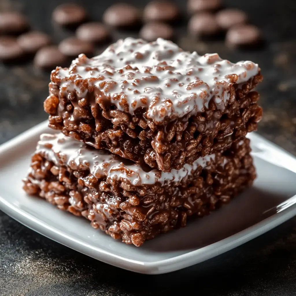 Two chocolatey crisp bars with a fluffy white topping sit stacked up on a little plate, chocolate buttons scattered around them.