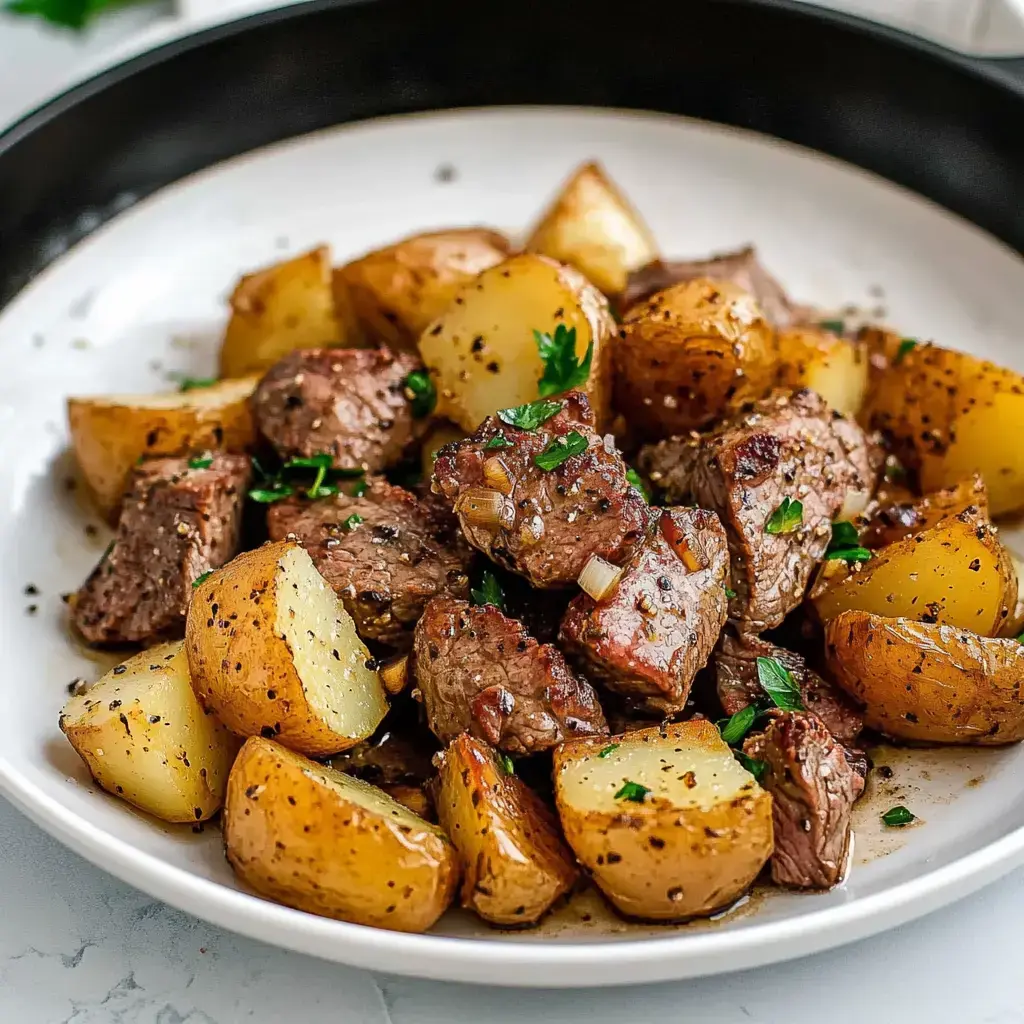 A plate filled with crispy potato pieces and juicy steak chunks tossed with fresh herbs.