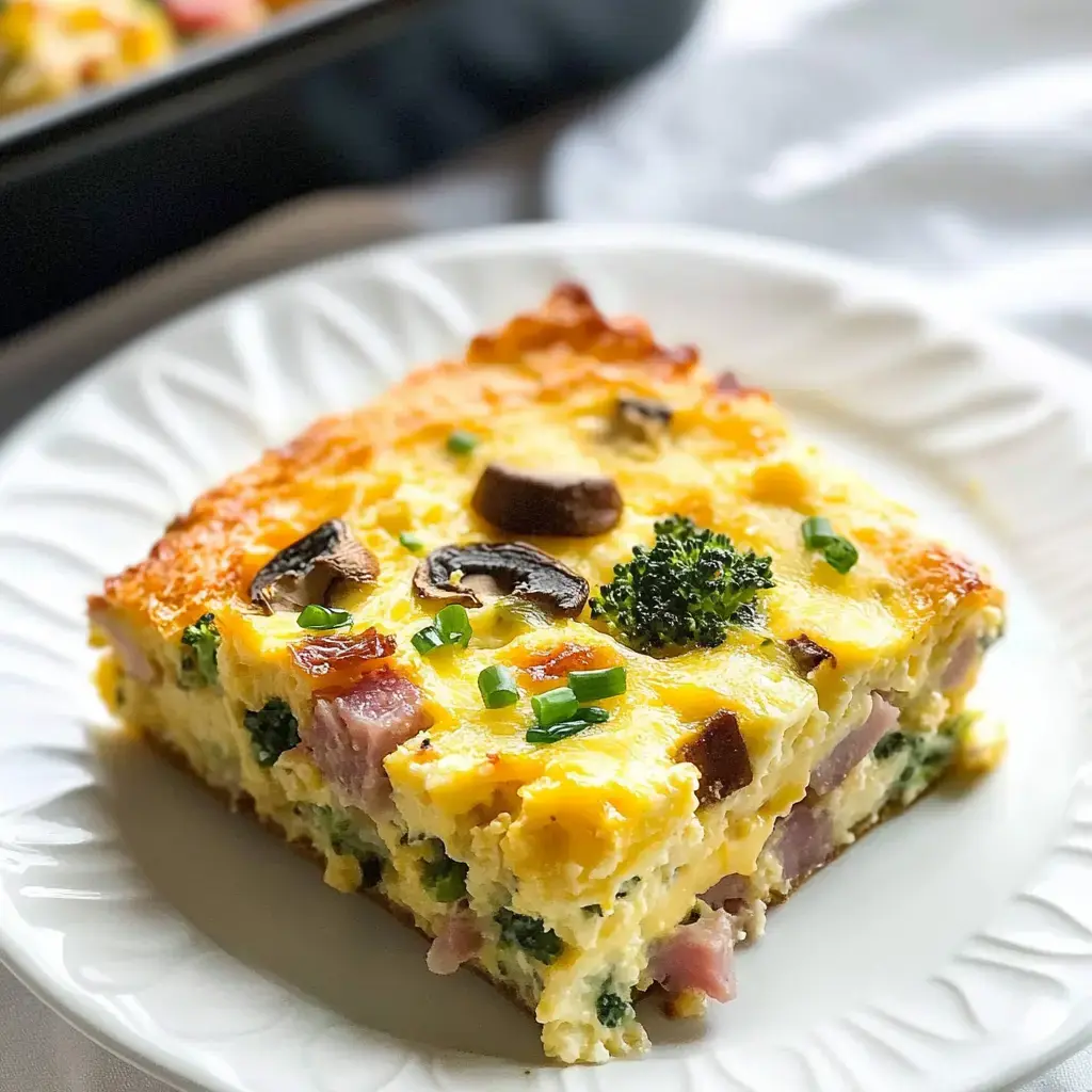 A piece of savory egg bake with green onions, mushrooms, and broccoli on a plate.