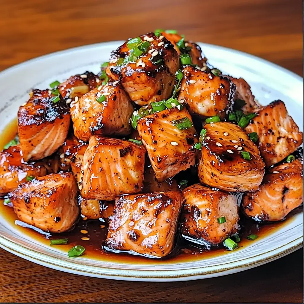 Glazed salmon cubes piled on a plate, topped with sesame and chopped green onions.