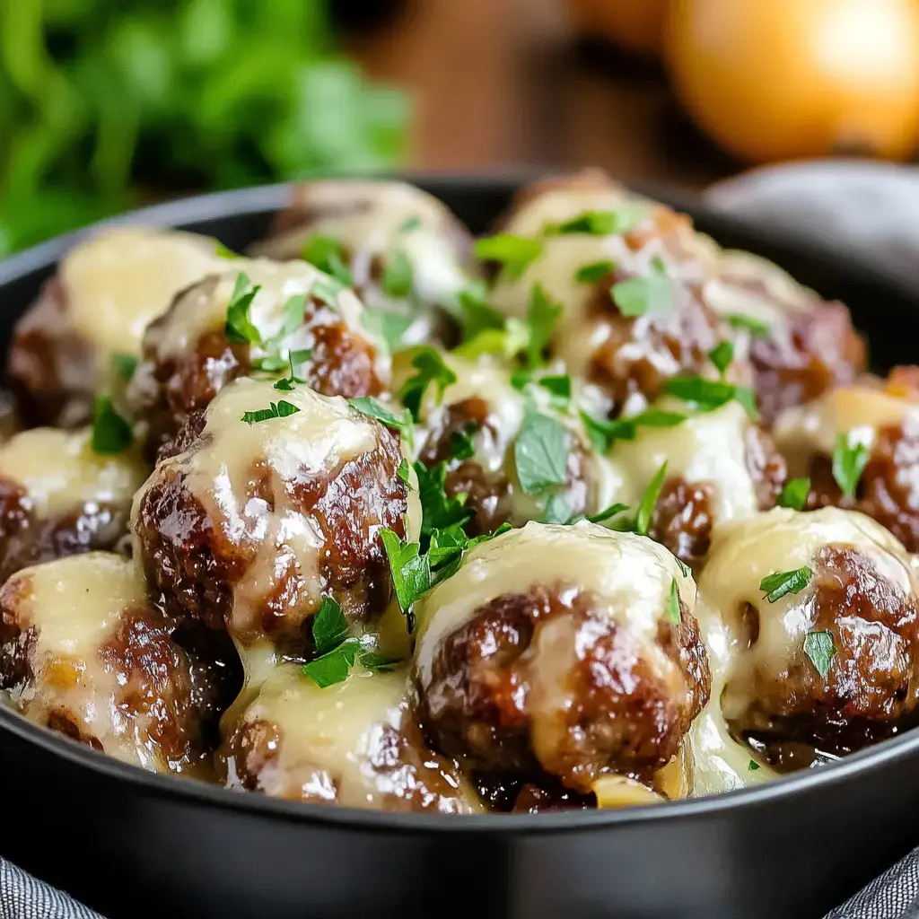 Meatballs covered in melted cheese with fresh parsley on top, all nestled in a black serving bowl.