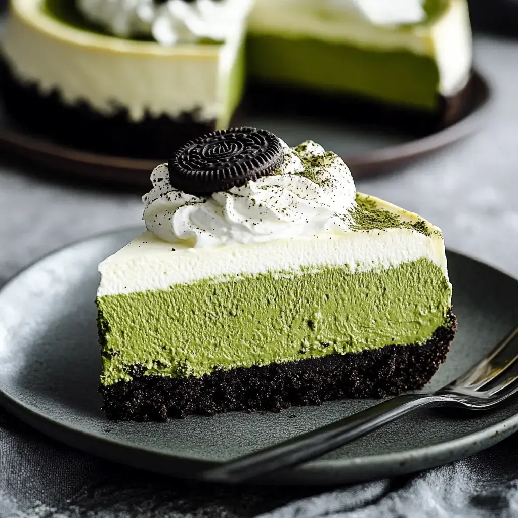Big slice of matcha cake with thick green layers, cool cream on top, and an Oreo, plated up.