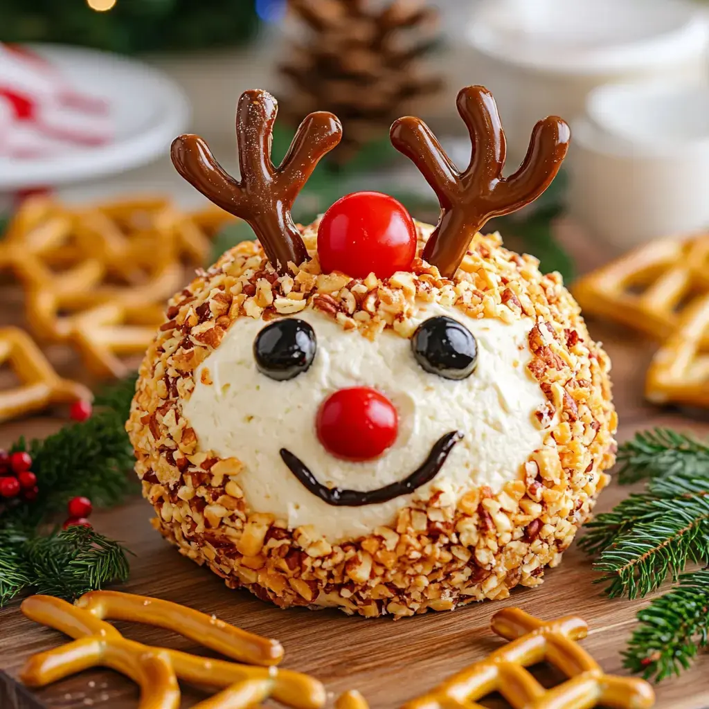 Cute cheese ball made to look like a reindeer, complete with pretzel antlers, an olive nose, and eyes, sitting with festive snacks.