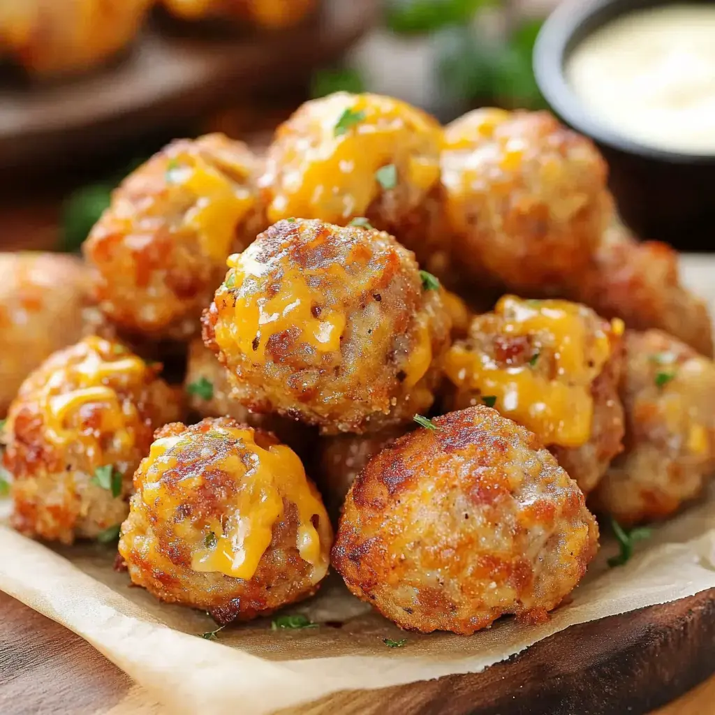 Golden brown sausage balls topped with gooey cheese and parsley sitting on a wooden board.