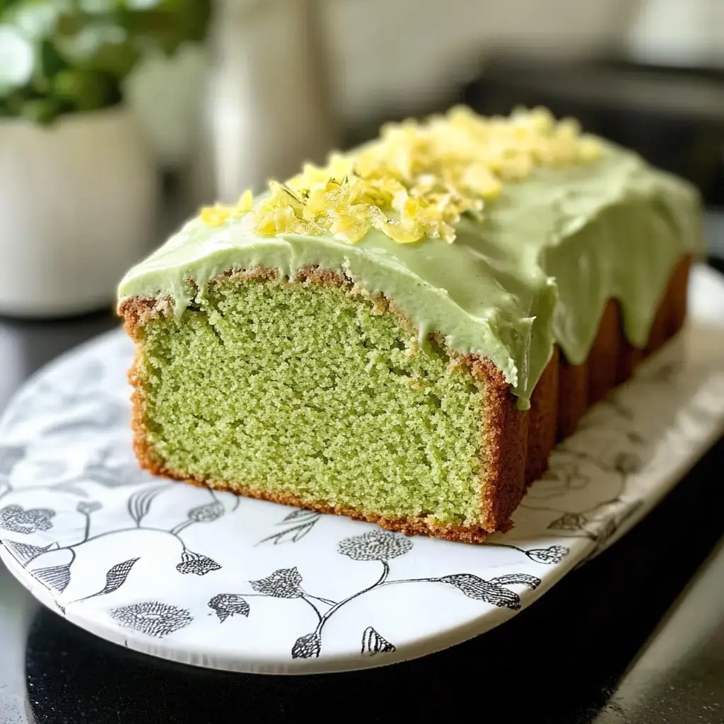 A thick green-flecked slice with green icing and a splash of yellow, sitting on a plate covered in flowers.