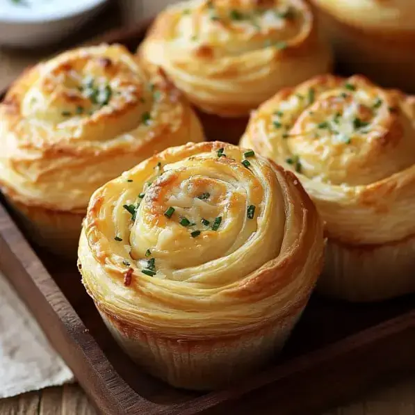 Golden rounds packed with cheese and herbs, set on a wood board.