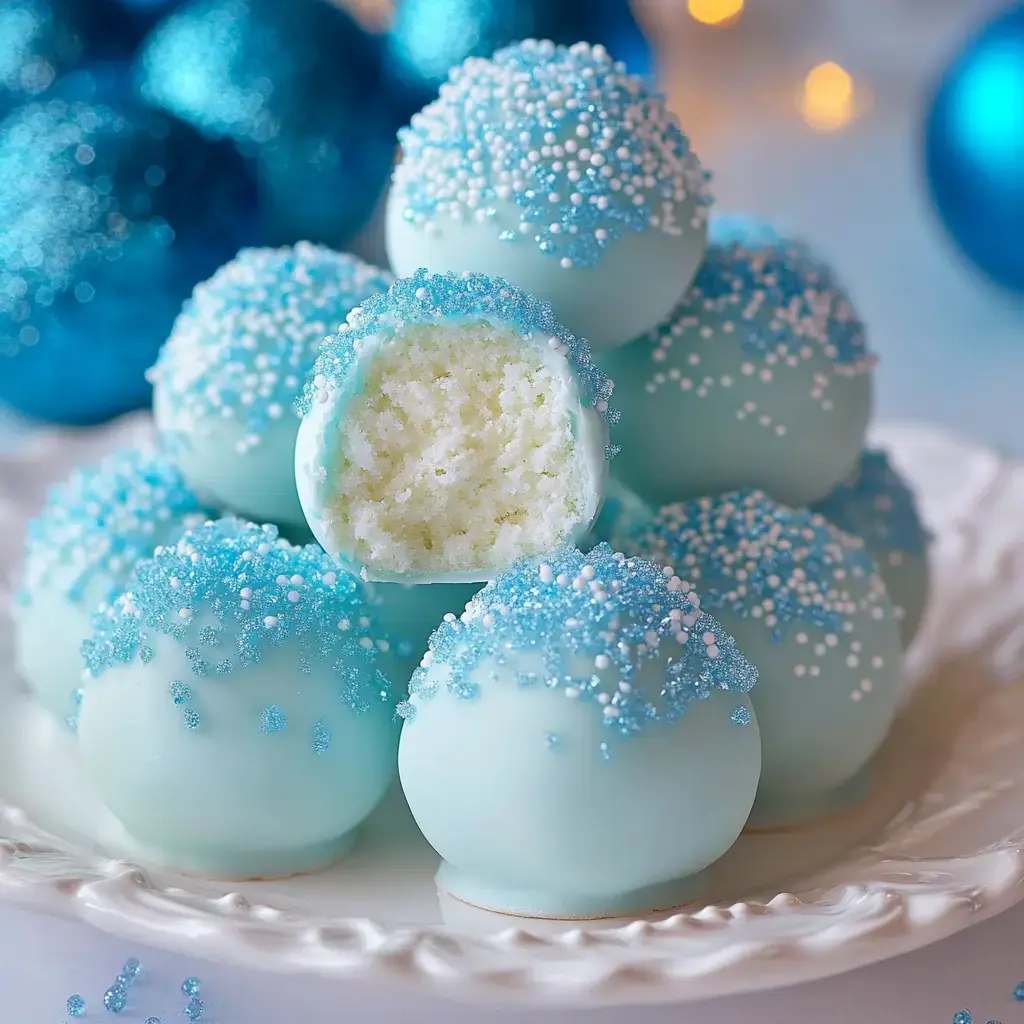 Sweet light blue balls on a plate, covered in cute blue and white sprinkles. One's open to show its soft center.