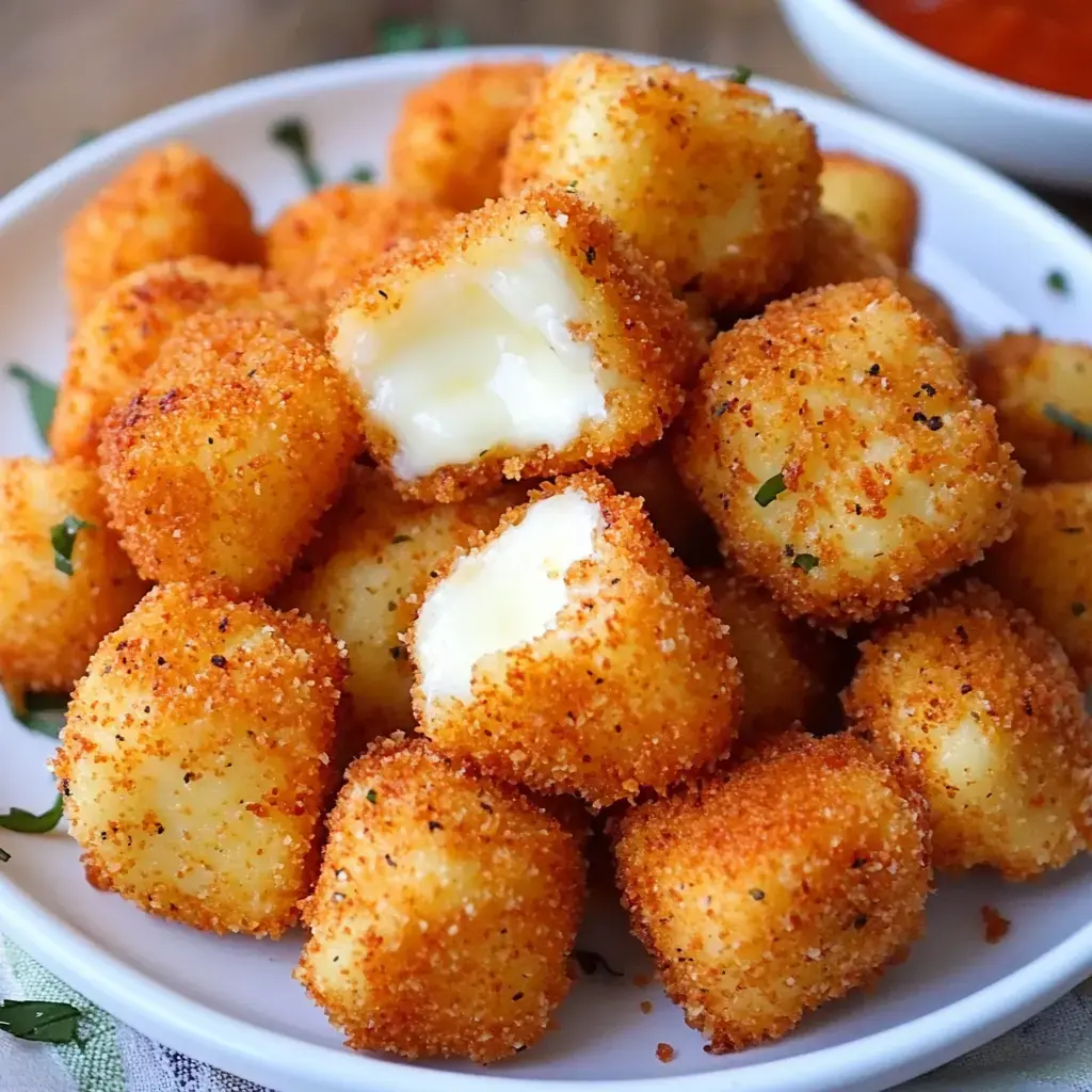 A plate full of crispy breaded cheese bites. One chunk is broken open, showing the stretchy melted cheese inside.
