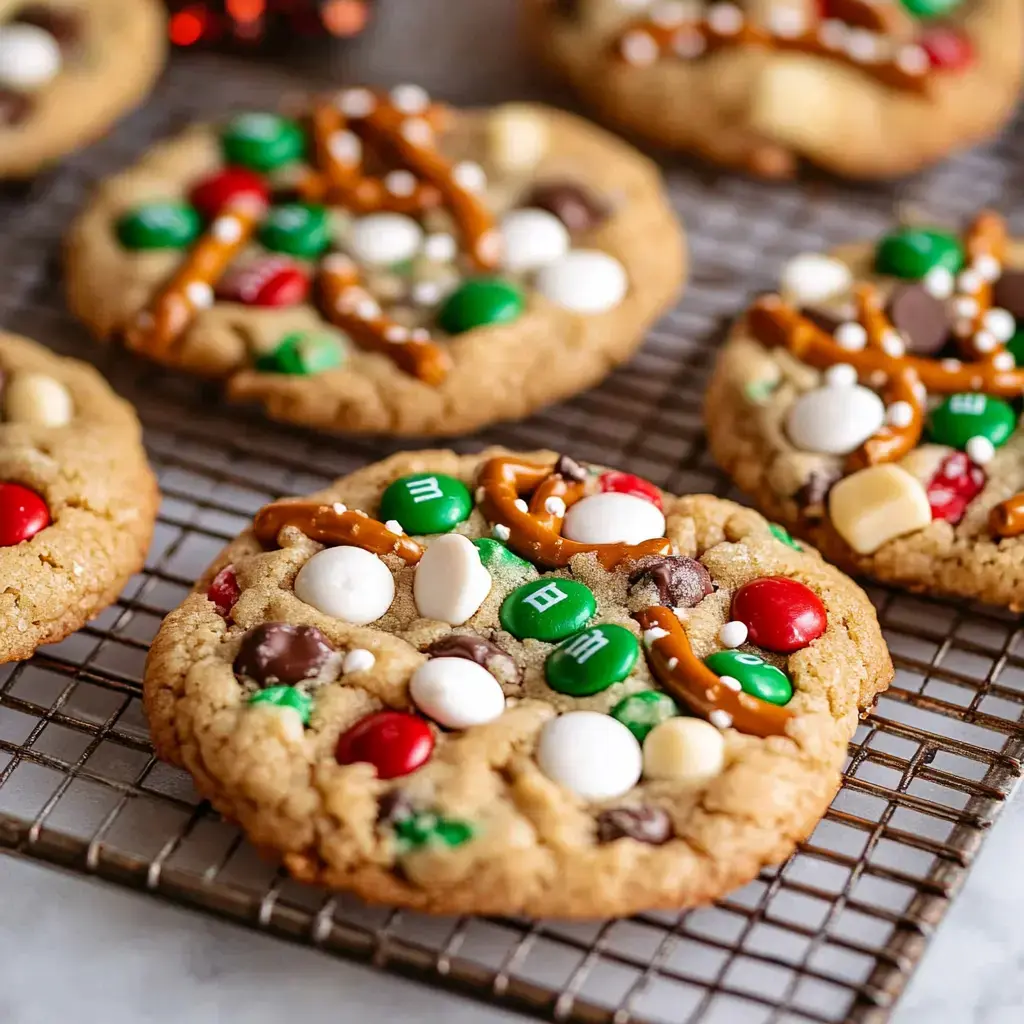 Up-close look at cookies covered in colorful candy pieces and pretzel chunks on a rack.