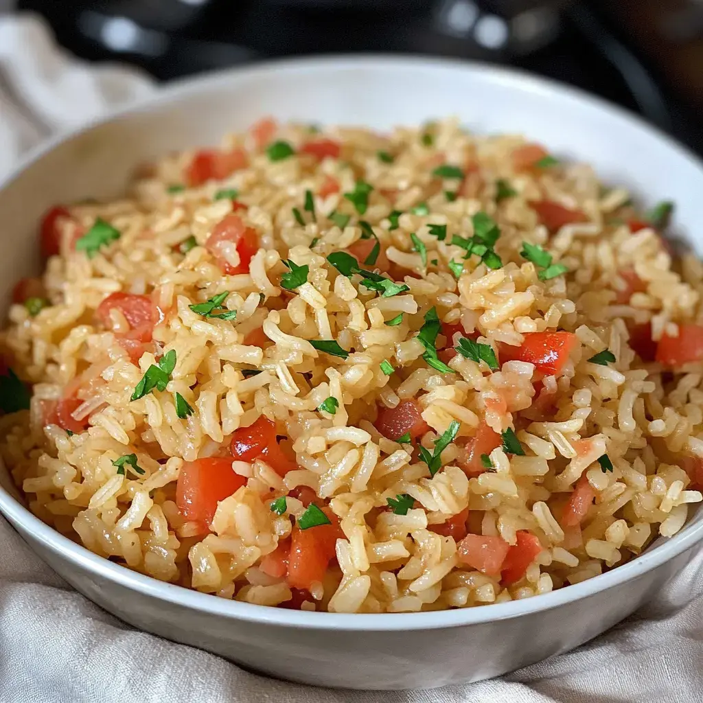 Up-close shot of seasoned rice with tomatoes and fresh parsley on top.