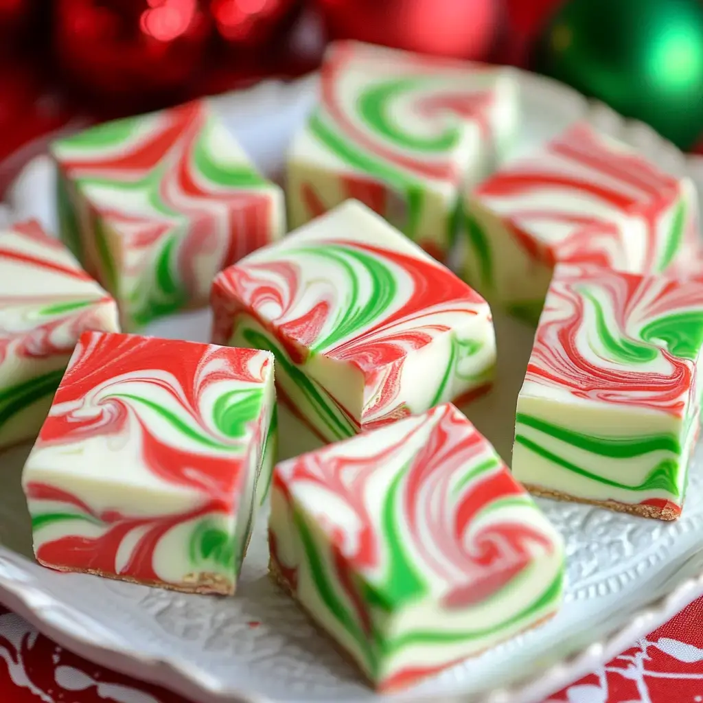 Festive, swirly red, green, and white fudge squares lined up on a plate, ready to share.