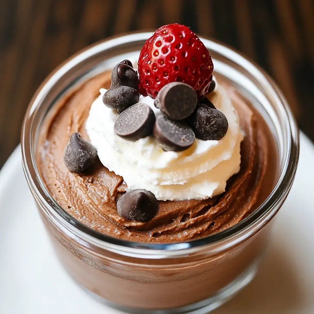 Glass cup of chocolate mousse with whipped cream, chocolate bits, and a fresh strawberry.