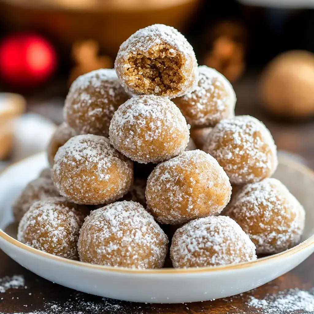 A plate stacked high with round cookies dusted in powdered sugar, one missing a bite.