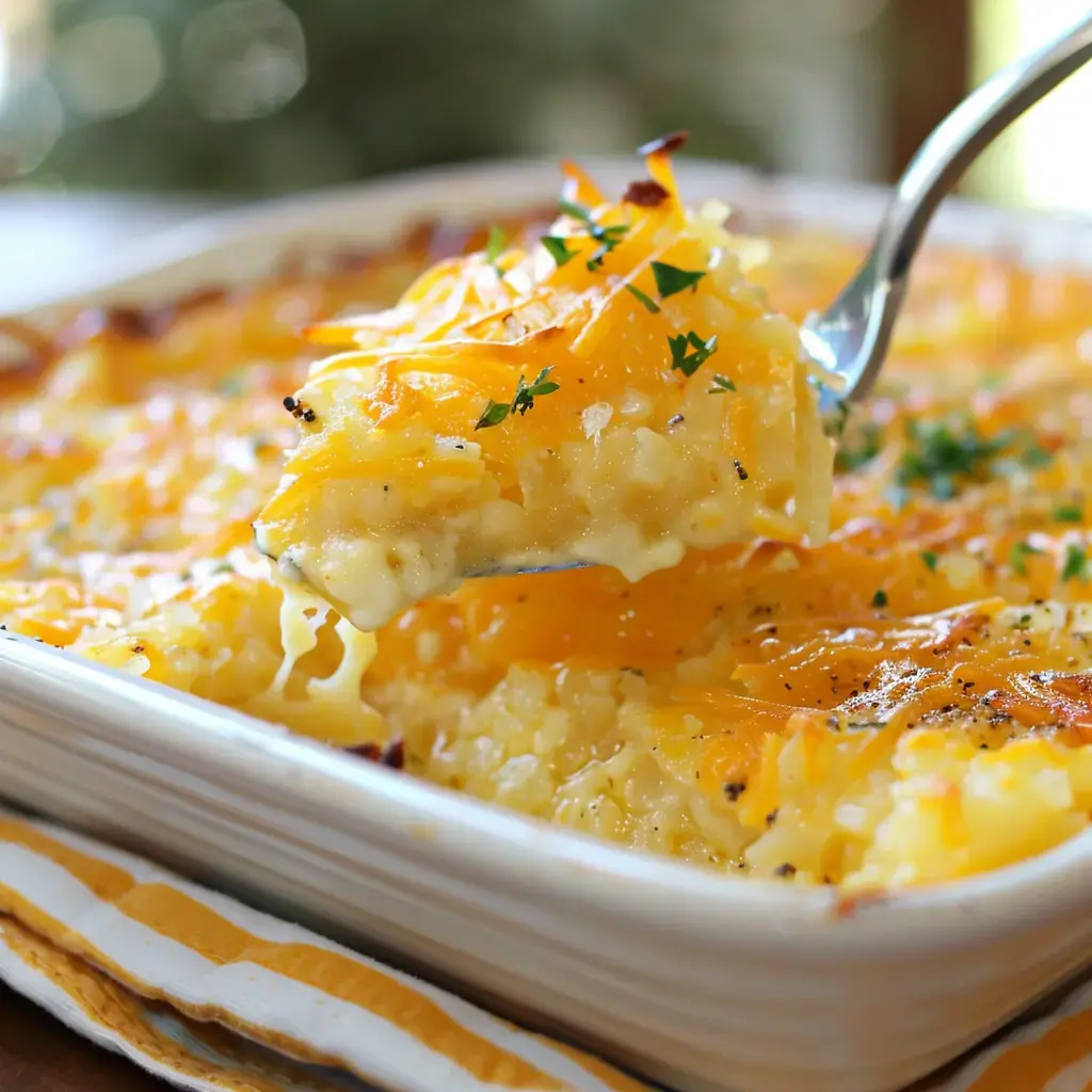 A spoonful of cheesy, baked macaroni and cheese is lifted from a dish, showing off that melty golden cheese top and creamy insides.