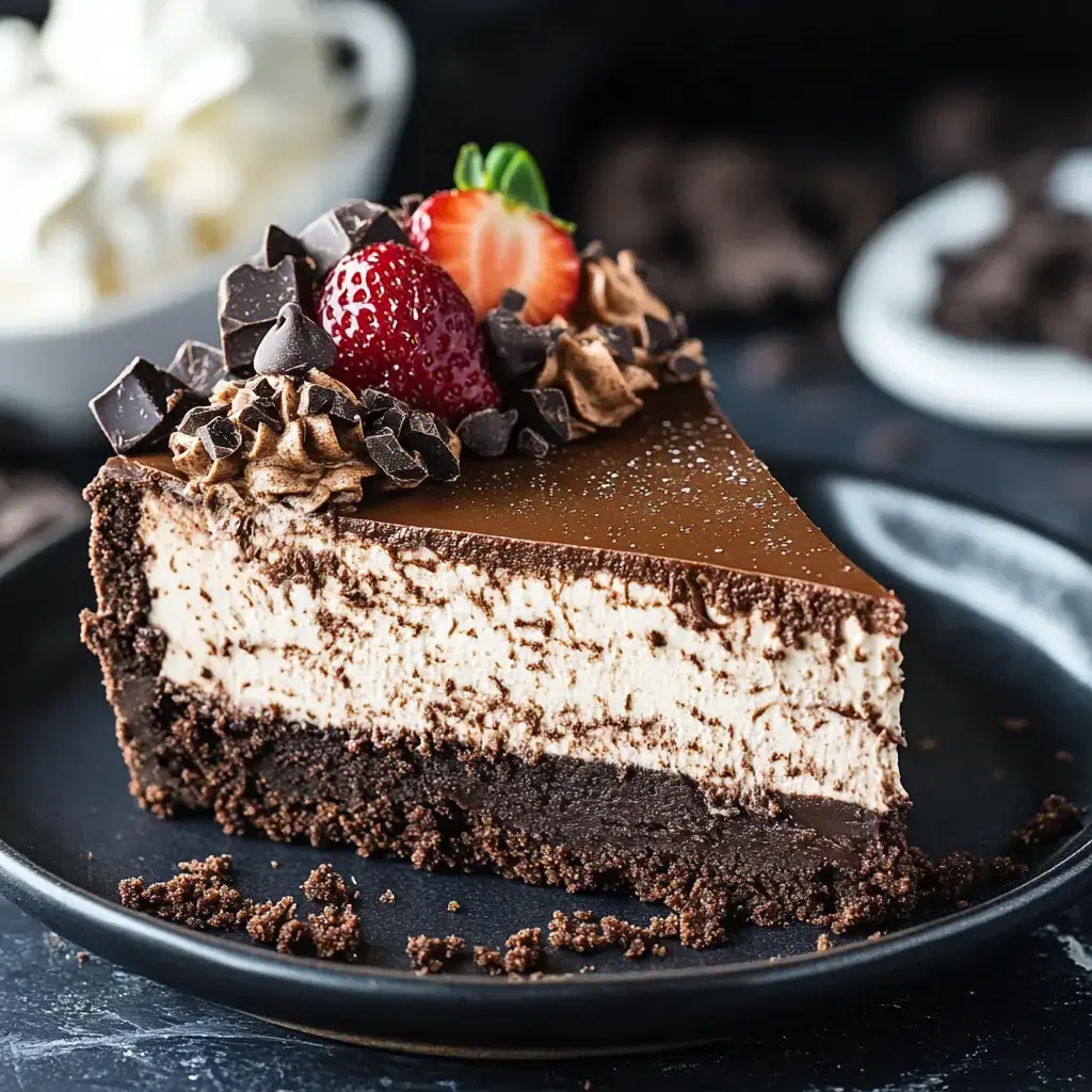 A rich chocolate cheesecake slice topped with cream, chocolate curls, a strawberry, on a dark plate.