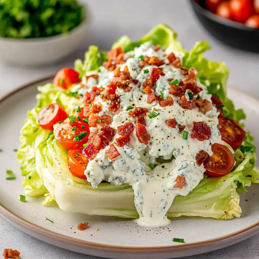 Bright romaine lettuce layered with bacon crumbles, cherry tomatoes, and creamy dressing on a plate, with green herbs sprinkled in the background.