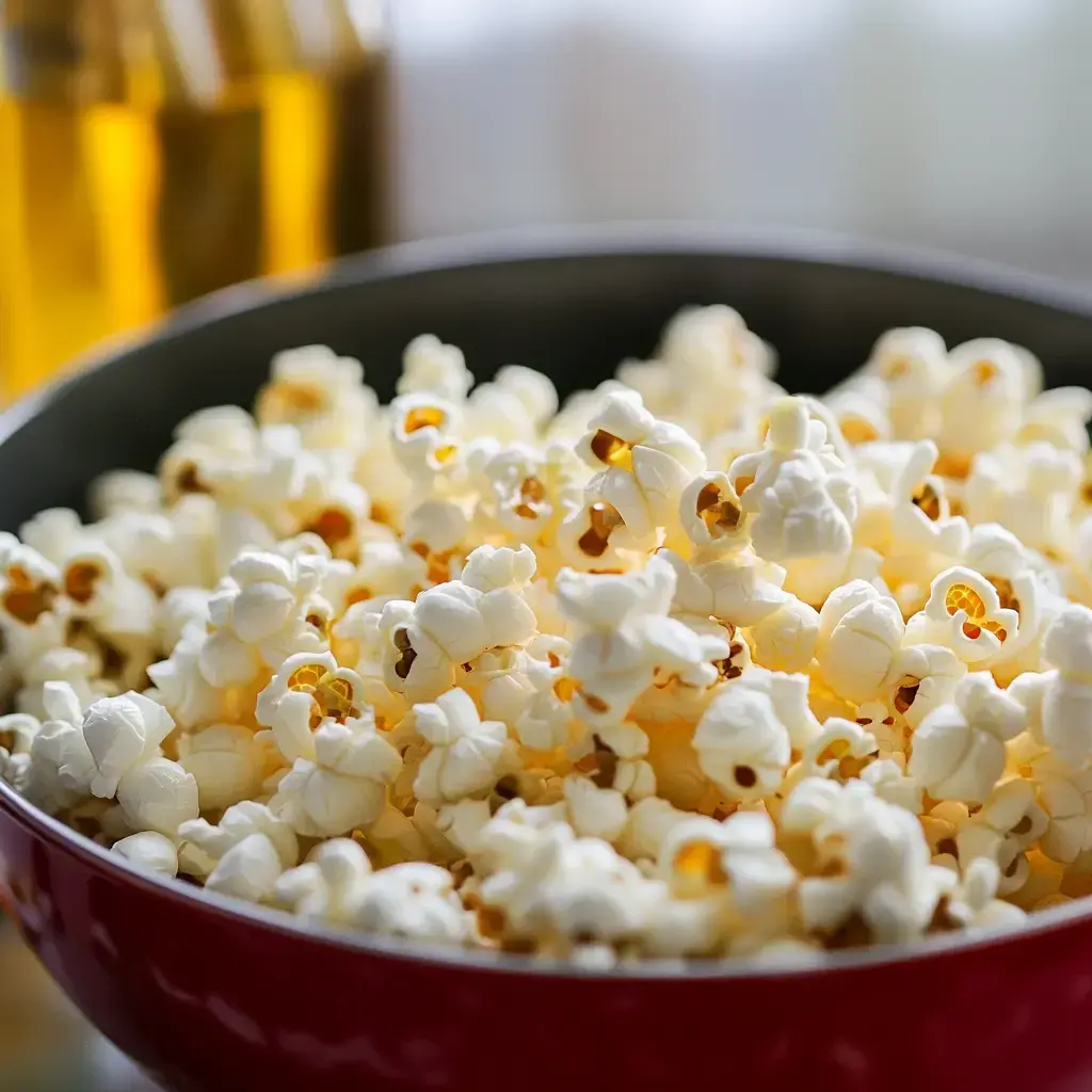 Close-up of a big bowl of fluffy white popcorn with oil bottles in the back.