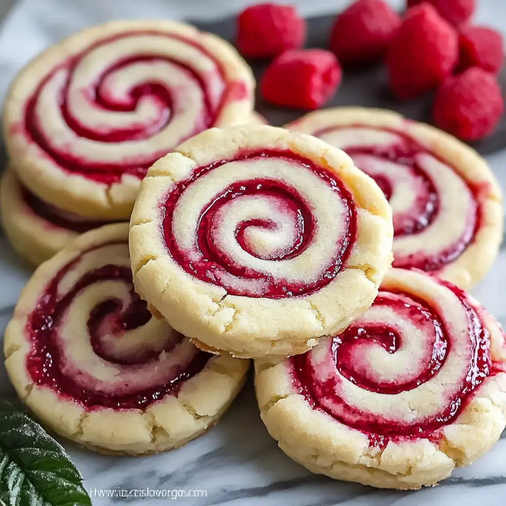 Close shot of spiraled raspberry cookies sitting on marble, fresh raspberries peeking behind.