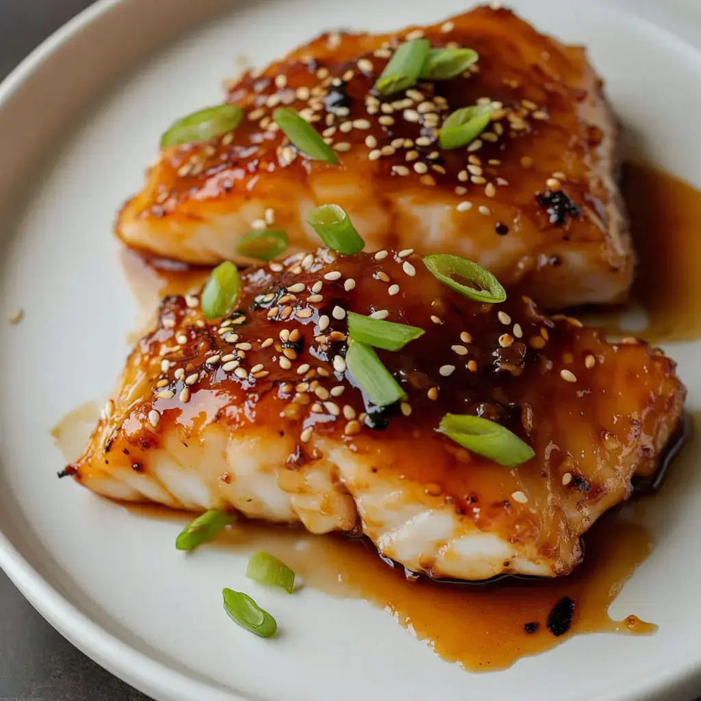 Glazed cod pieces with sesame and chopped green onions on a white plate.