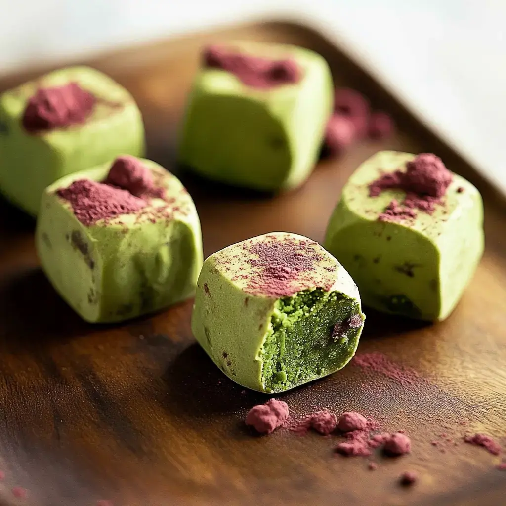 Bite-sized matcha green chocolate cubes hung out on a plate, sprinkled with reddish powder and one with a green center showing.
