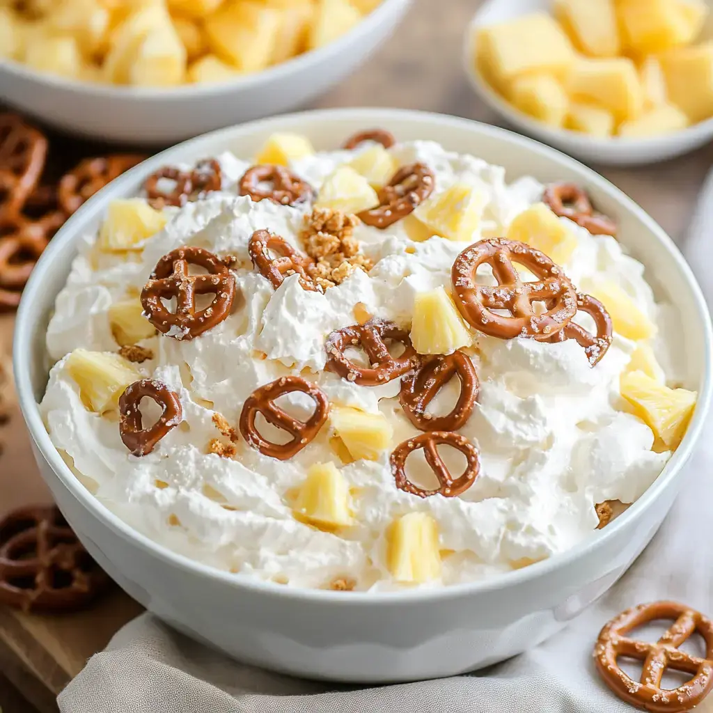 Big bowl of fluffy cream, pineapple chunks, and pretzel bits on top.
