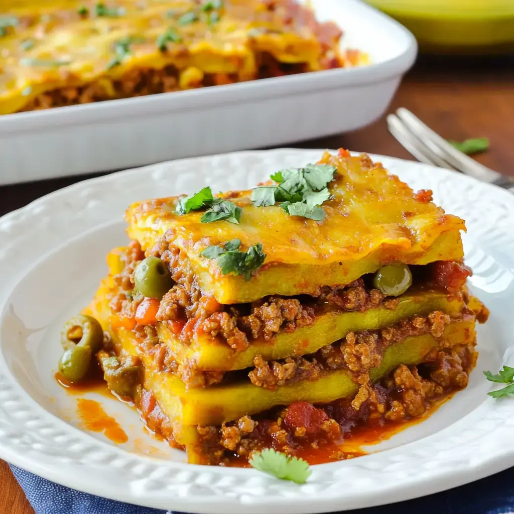 Close-up of a layered casserole slice with meat, olives, and herbs, next to its baking dish.