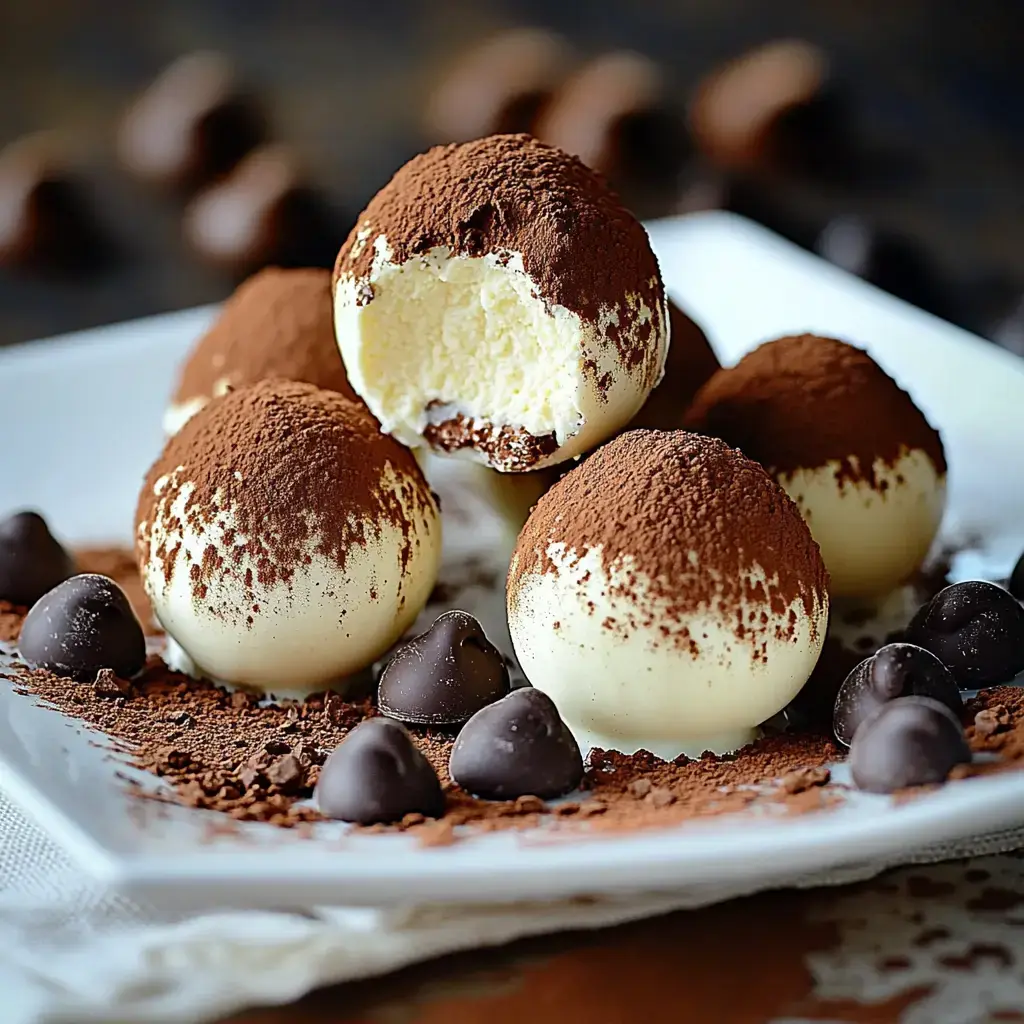 Chocolate truffles with a cocoa dusting on a plate, one with a bite gone, scattered with chocolate chips.