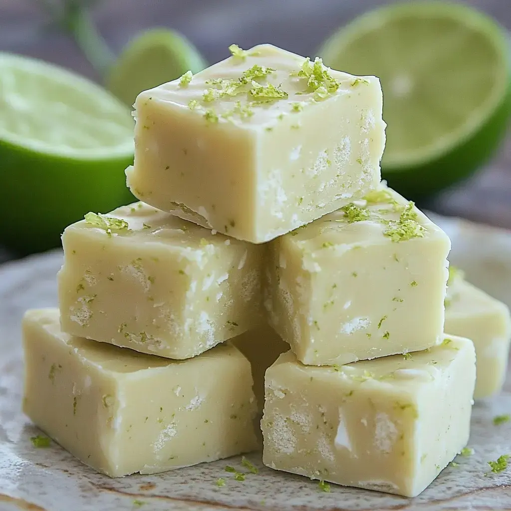 Piled-up creamy lime fudge slices, finished with lime zest and surrounded by cut limes for brightness.