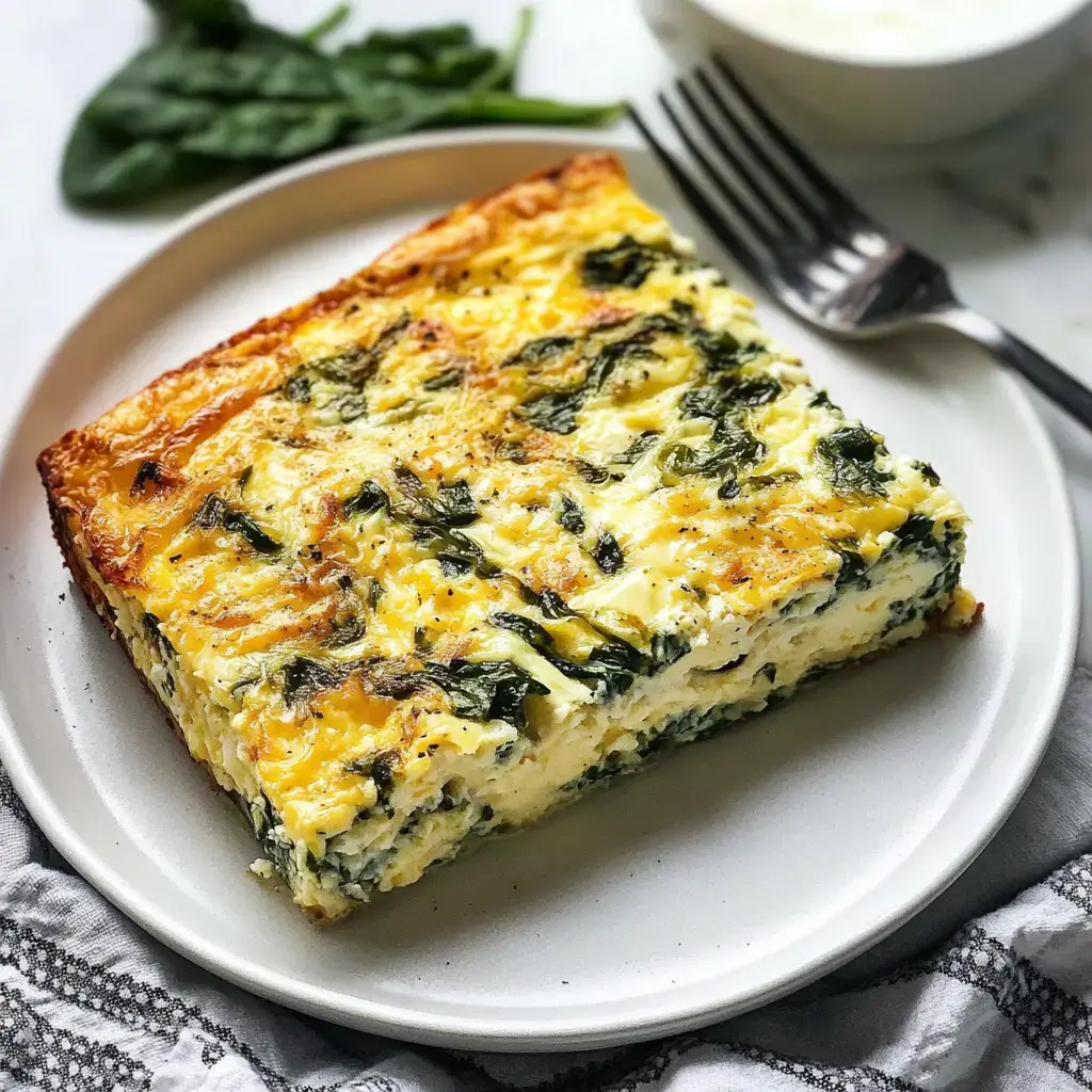 A slice of golden-baked spinach and cheese casserole sitting on a white plate, fork next to it, with a small bowl in the background.