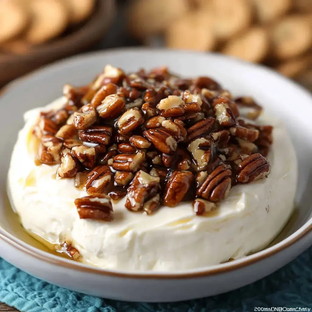 Cheesy round topped with shiny sweet pecans in a bowl.