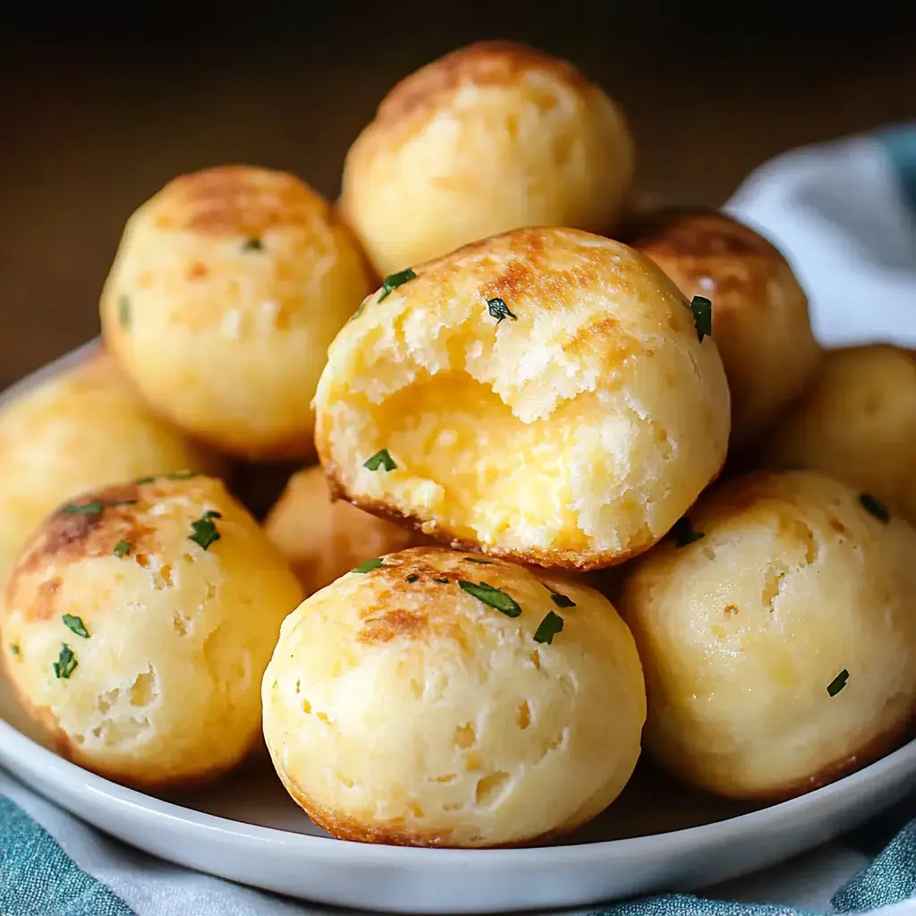 A plate of golden, round cheesy rolls, a few half-eaten, with sprinkles of fresh herbs.