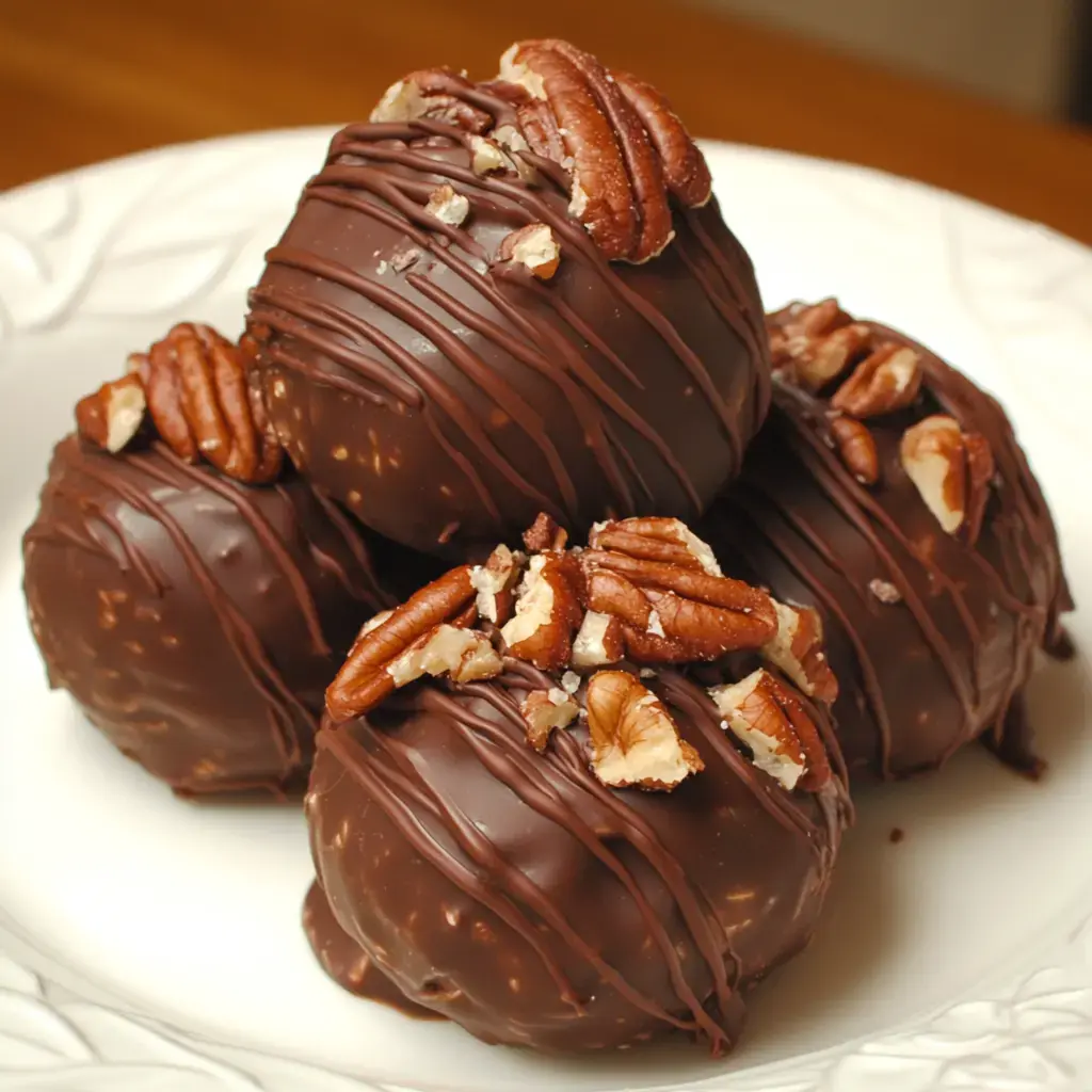 Four chocolatey truffles on a plate, covered in pecans with chocolate drizzle.