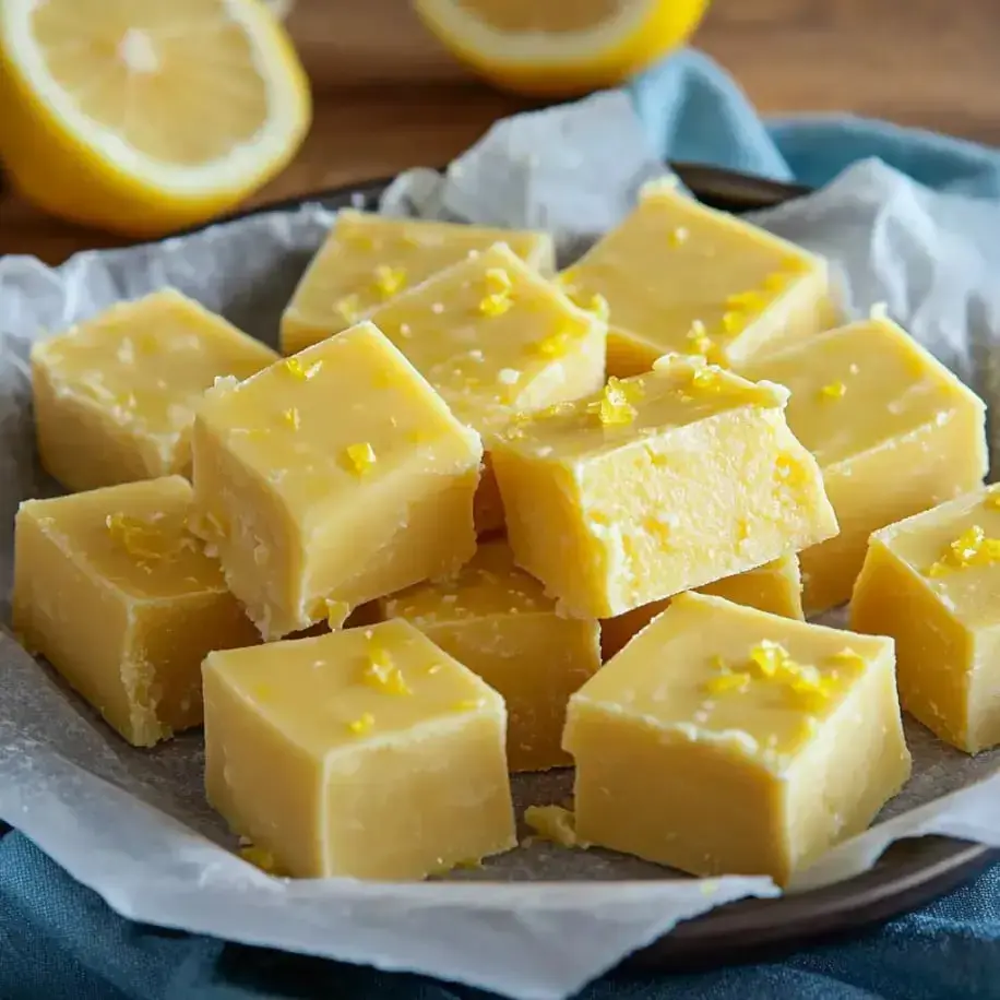 Plateful of lemon fudge squares, topped with zest, with cut lemons spread around on wood.