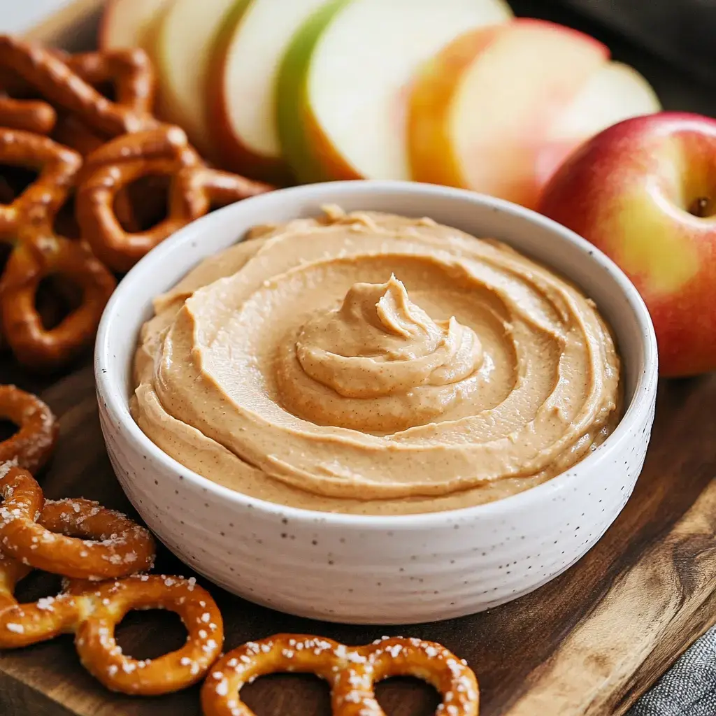 A creamy peanut butter dip in a bowl surrounded by apple slices and pretzels on a rustic board.