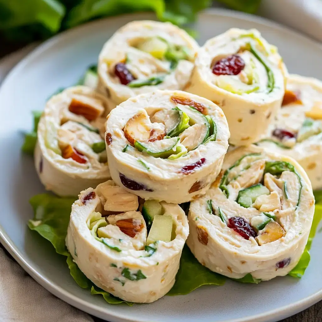 Sliced chicken pinwheels with greens, nuts, and dried berries on lettuce leaves.