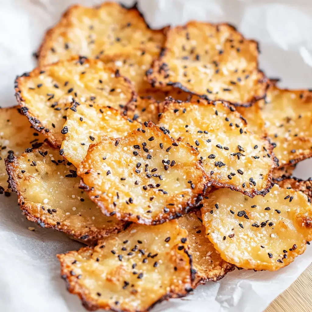 Golden, crunchy cottage cheese chips dotted with black sesame, set on white parchment paper.