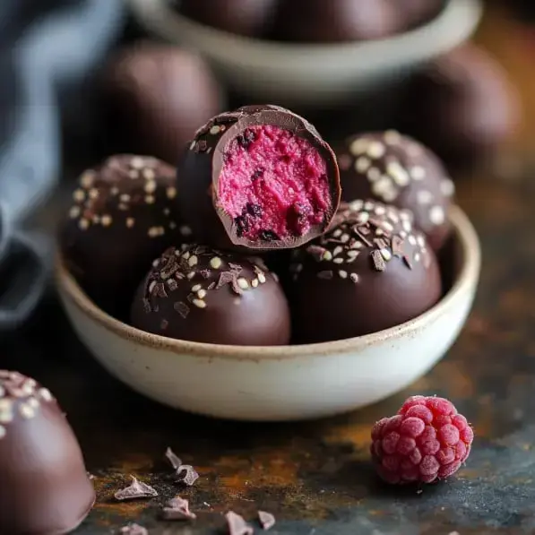A bowl of chocolate-covered truffles, one sliced to show bright pink filling, next to whole candies and raspberries.