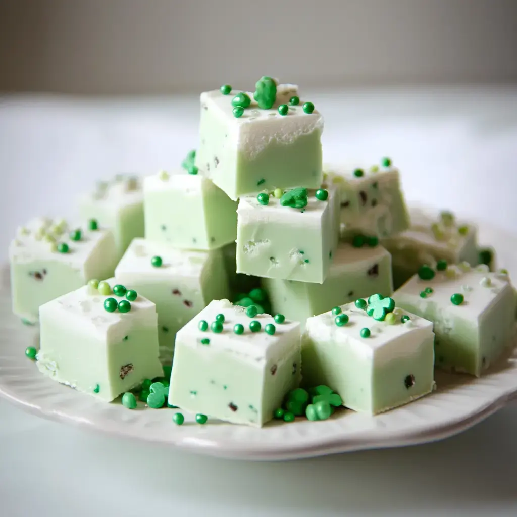 Soft green fudge blocks stacked on a plate, sprinkled with all sorts of green dots and cute clovers.