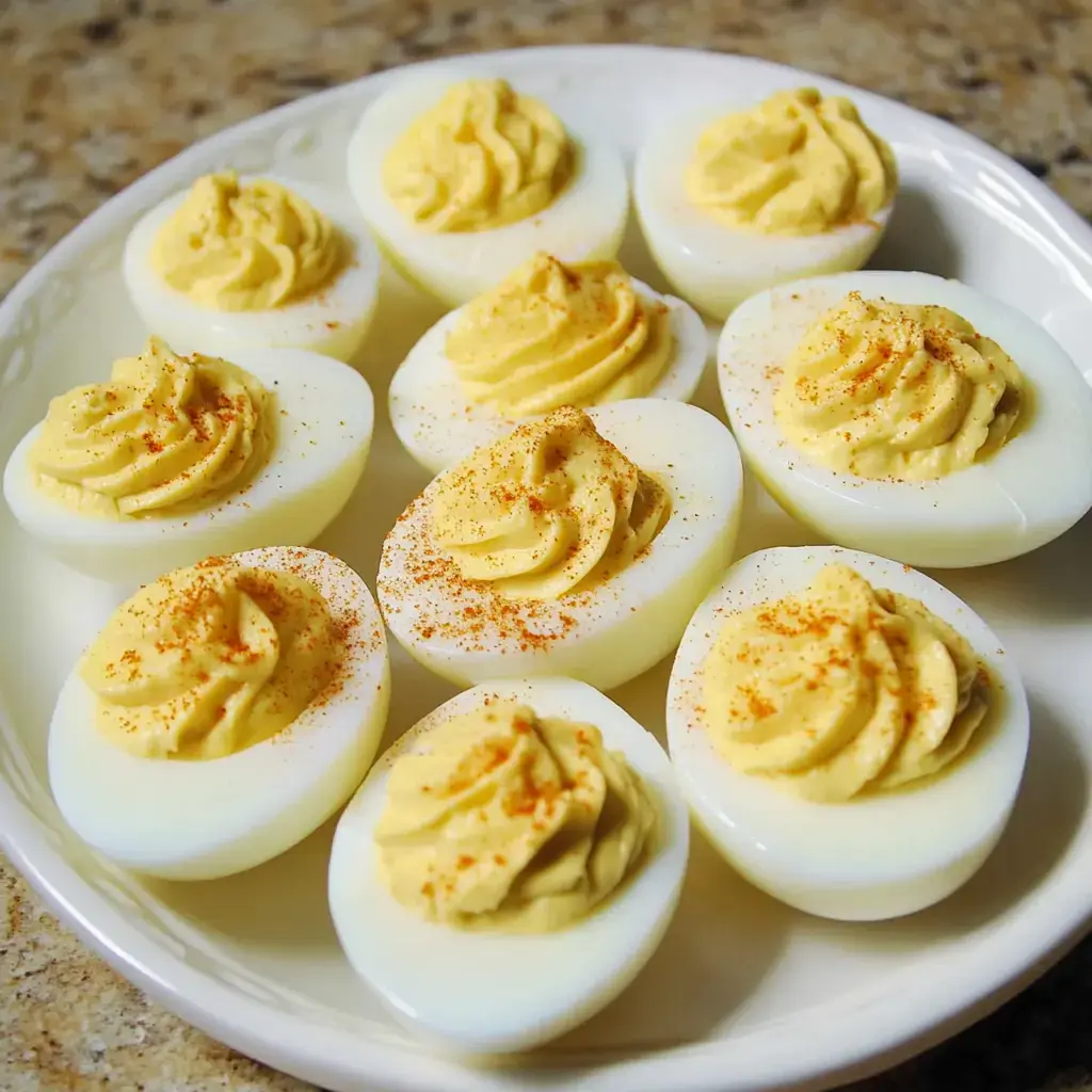 Platter of deviled eggs filled with a bright yellow center and a sprinkle of paprika on top.