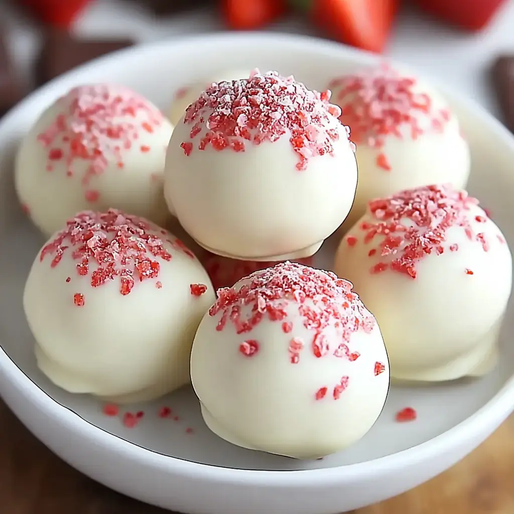 White chocolate balls in a bowl, sprinkled with crushed red treats.