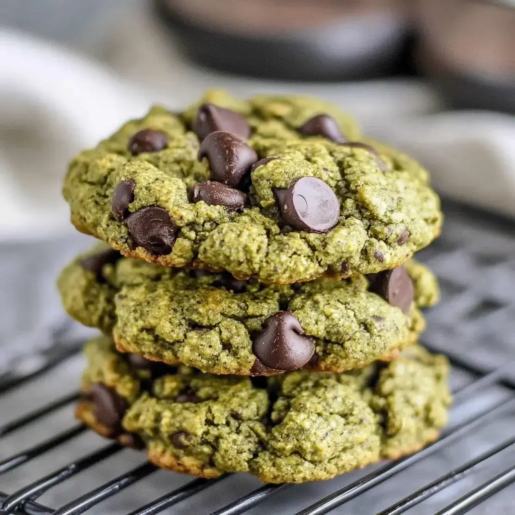 Bunch of green cookies with chocolate chips cooling on a rack.