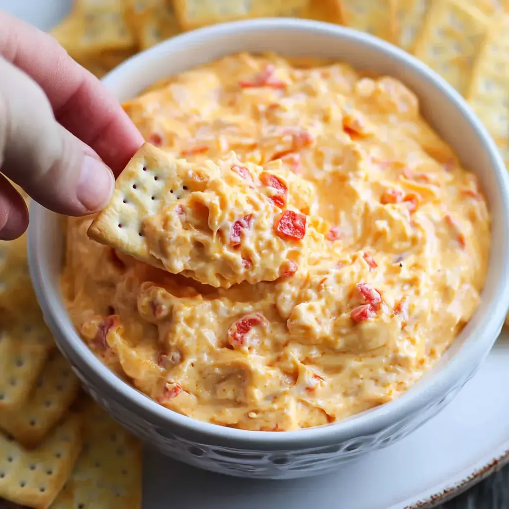 A hand scoops an orange cheesy dip with red pieces onto a cracker.