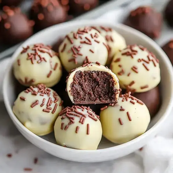 A bowl filled with chocolatey bites, one bitten open to show the gooey middle, each one topped off with chocolate sprinkles.