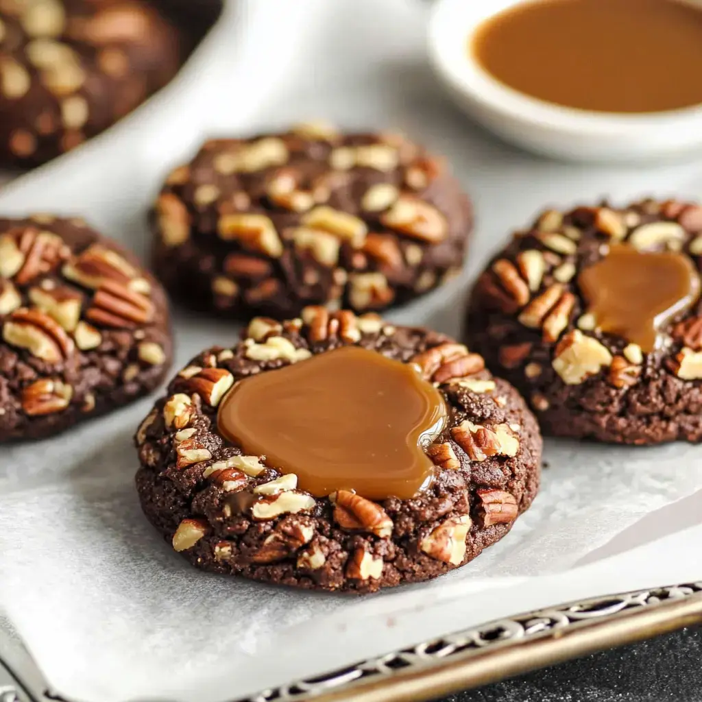 Chocolate cookies packed with caramel and scattered with pecans, close-up view.