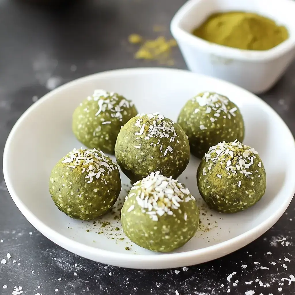 Six green coconut-topped snack balls on a plate, next to a small bowl with matcha powder.