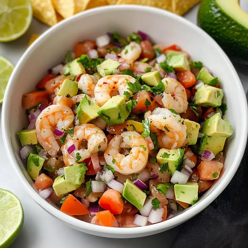 Shrimp ceviche with creamy avocado, chopped tomato, onion, and cilantro, all in a bowl with tortilla chips and lime on the side.