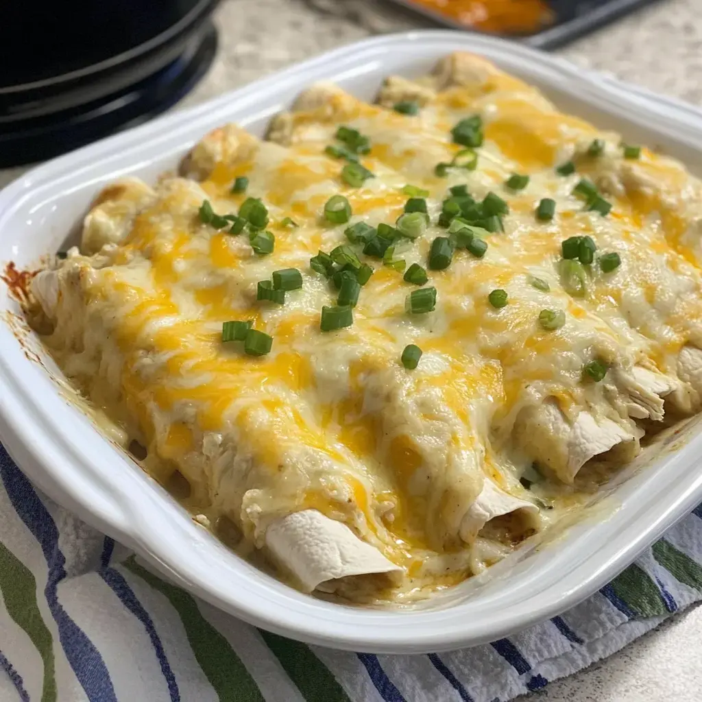 Hot, cheesy chicken wraps with green onion on top, baked in a white dish.