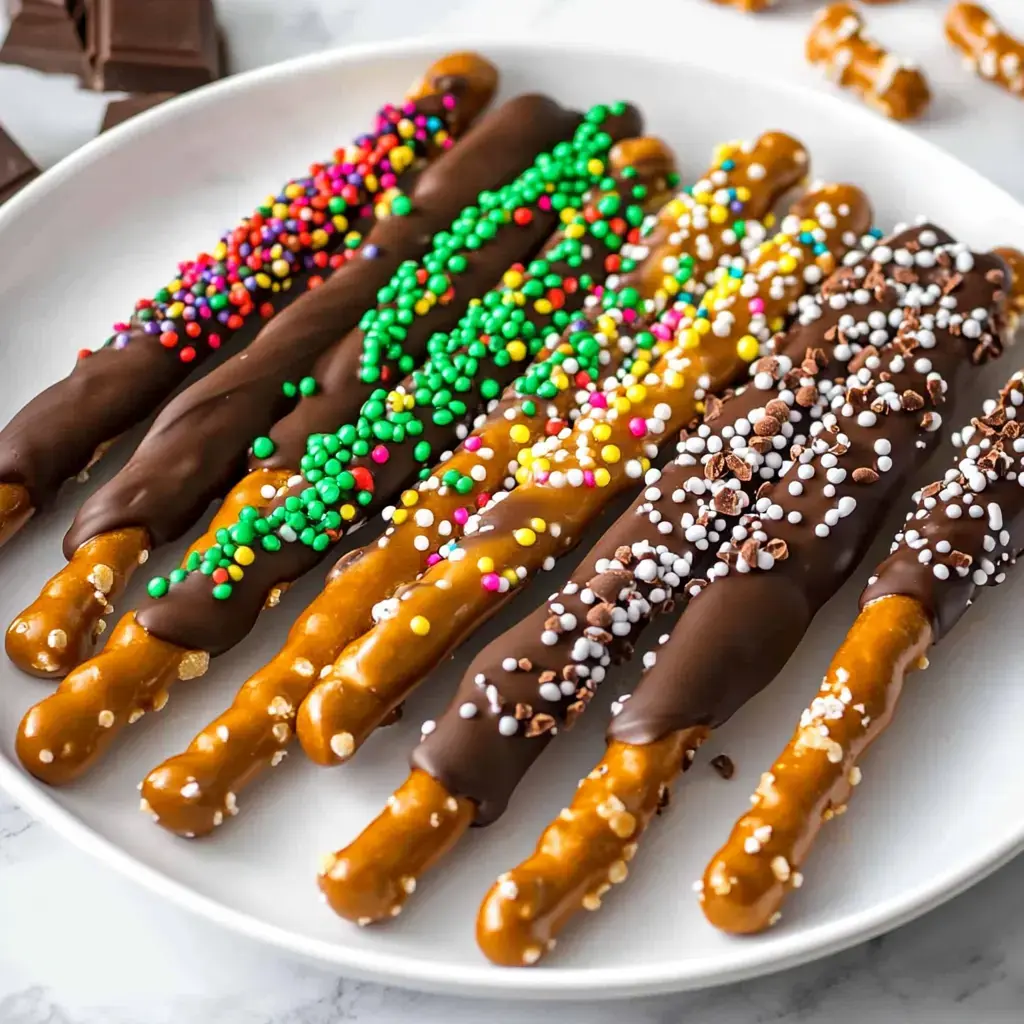 Chocolate-dipped pretzel rods on a plate with bright sprinkles on top.