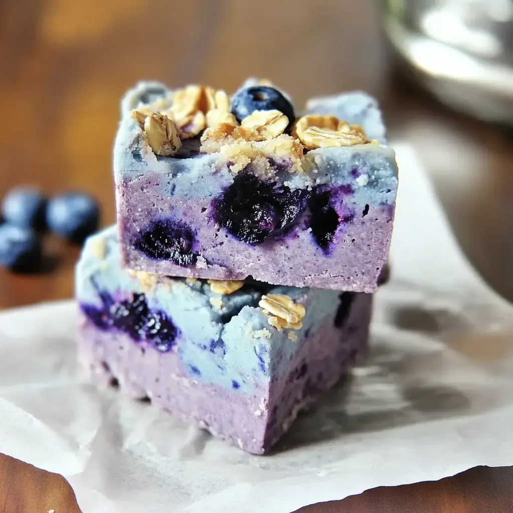 A couple of two-layered blueberry bars with oat crumble on parchment and fresh blueberries scattered around.